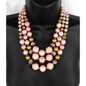 Vintage 3 strand large pink, red & gold beaded necklace made in Japan 20" adj